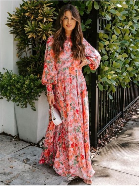 Vici Dresses & Skirts - Vici Coral Pink Floral Maxi Dress with Bishop Sleeves